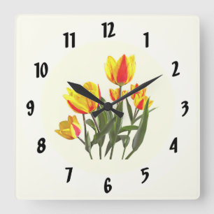Horloge Carrée Tulipes rayées rouge et jaune