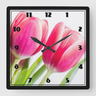 Horloge Carrée Tulipes roses avec Feuille vert photo