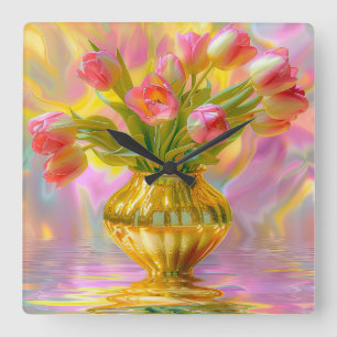 Horloge Carrée Tulipes roses vibrantes dans le Vase d'or