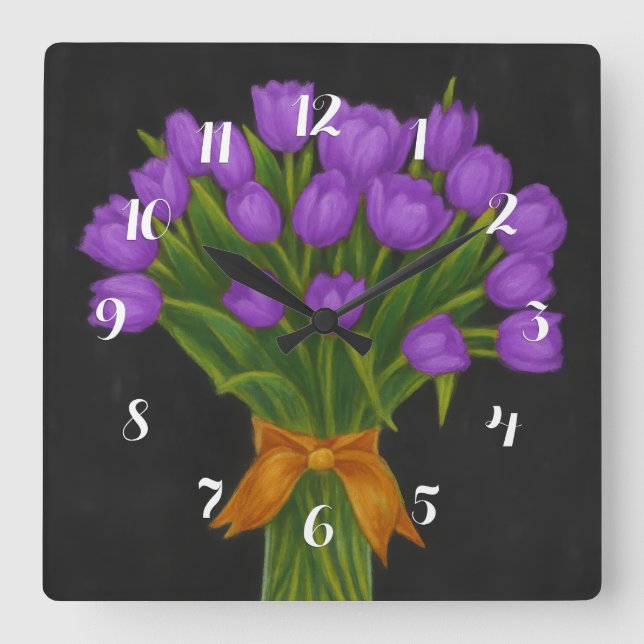 Horloge Carrée Tulipes violettes de tableau noir (Recto)