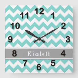 Horloge Carrée Turq / Aqua Wht Chevron Gray Nom Monogram