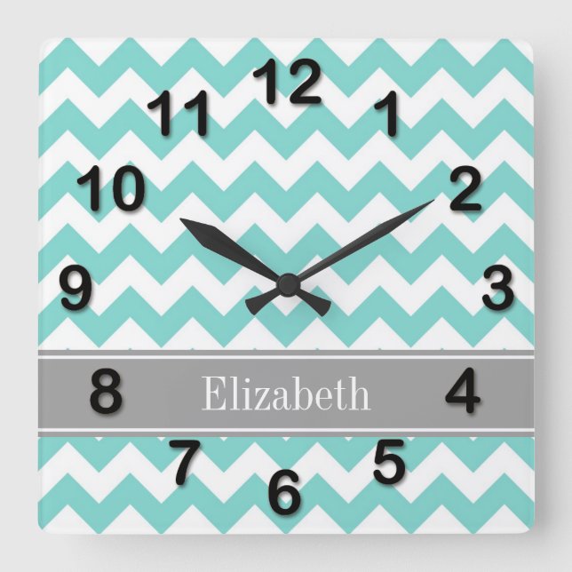 Horloge Carrée Turq / Aqua Wht Chevron Gray Nom Monogram (Recto)