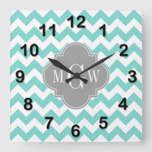 Horloge Carrée Turq / Aqua Wht Chevron Gris 3 Monogramme initial