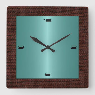 Horloge Carrée Turquoise Acier Inoxydable Moderne Bordure Burlap 
