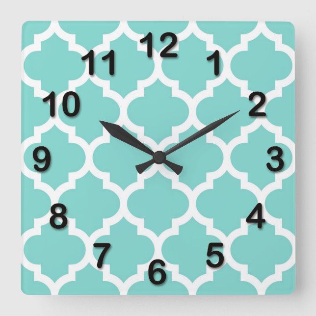 Horloge Carrée Turquoise Aqua Wht Moroccan Quatrefoil Pattern #5 (Recto)