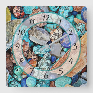 Horloge Carrée Turquoise Beach Stones Faux Stone Gem Clock