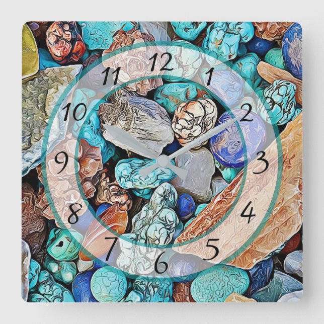 Horloge Carrée Turquoise Beach Stones Faux Stone Gem Clock (Recto)