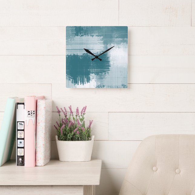 Horloge Carrée Turquoise Blanc Abstrait (Salle de lecture)