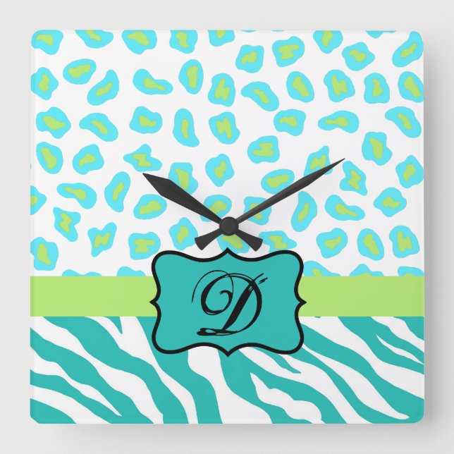 Horloge Carrée Turquoise Blanc Vert Zèbre Léopard Monogramme de p (Recto)