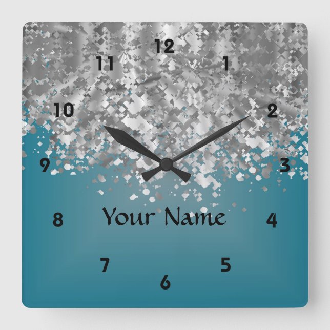 Horloge Carrée Turquoise bleu et faux parties scintillant (Recto)