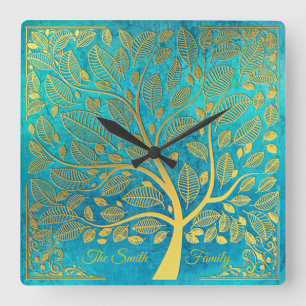 Horloge Carrée Turquoise Bleu et Or Arbre De Vie *Personnalisez*