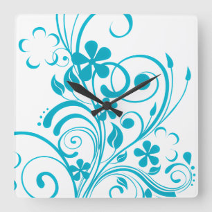 Horloge Carrée Turquoise bleu floral torse rétro