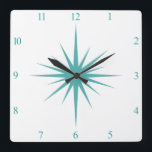 Horloge Carrée Turquoise Bleu Nombre de Starburst Atomique Mi-siè<br><div class="desc">Cette horloge carré moderne du milieu du siècle dispose d'une entrée atomique bleu turquoise audacieuse et des numéros correspondants,  ce qui fera un ajout fantastique aux murs de votre maison ou bureau!</div>