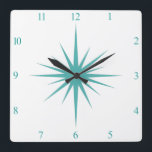 Horloge Carrée Turquoise Bleu Nombre de Starburst Atomique Mi-siè<br><div class="desc">Cette horloge carré moderne du milieu du siècle dispose d'une entrée atomique bleu turquoise audacieuse et des numéros correspondants,  ce qui fera un ajout fantastique aux murs de votre maison ou bureau!</div>