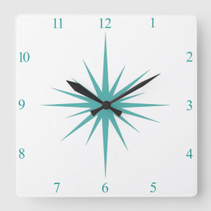Horloge Carrée Turquoise Bleu Nombre de Starburst Atomique Mi-siè