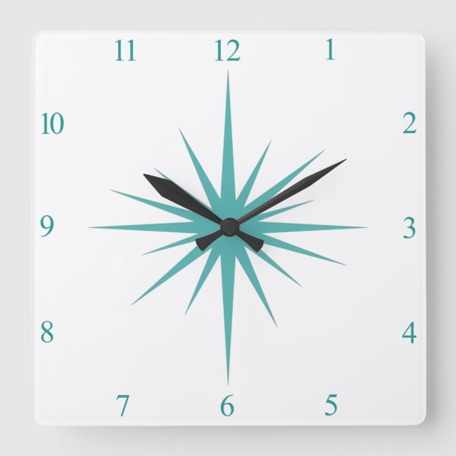 Horloge Carrée Turquoise Bleu Nombre de Starburst Atomique Mi-siè (Recto)