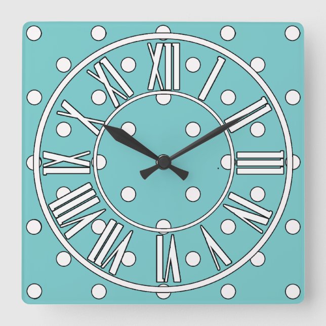 Horloge Carrée Turquoise doux avec points blancs et chiffres roma (Recto)