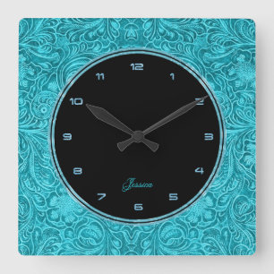 Horloge Carrée Turquoise Floral Faux Leather Embossed Look 2