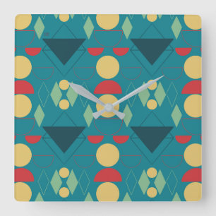 Horloge Carrée Turquoise Géométrique Moderne du Milieu du Siècle