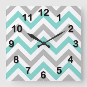 Horloge Carrée Turquoise, Gris, Blanc grand motif chevron zigzag