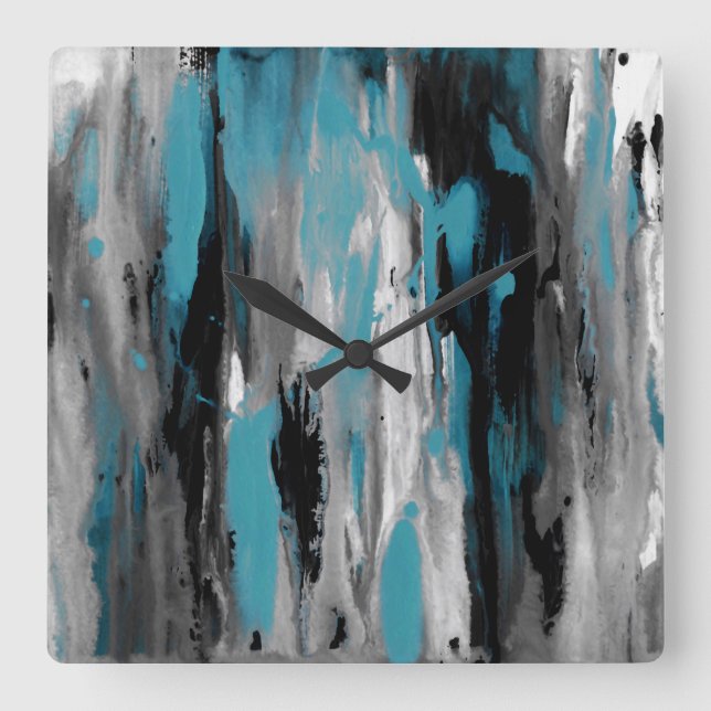 Horloge Carrée Turquoise gris noir et blanc Abstrait (Recto)