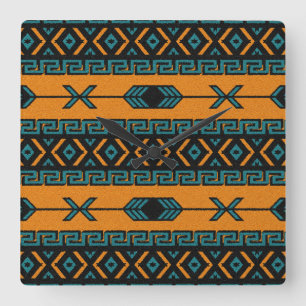 Horloge Carrée Turquoise Orange Sud-Ouest Tribal Aztec Design