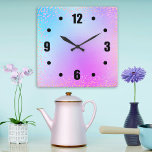 Horloge Carrée Turquoise pink ombre aquarelle confetti points chi<br><div class="desc">Des chiffres audacieux, noirs et faciles à lire, des points de confettis colorés orange, rose et violet recouvrent un arrière - plan sombre chic, pastel bleu turquoise, violet et rose. Aménagez votre chambre préférée avec cette horloge murale design, moderne, simple et chic. Vous avez le choix entre un visage rond...</div>