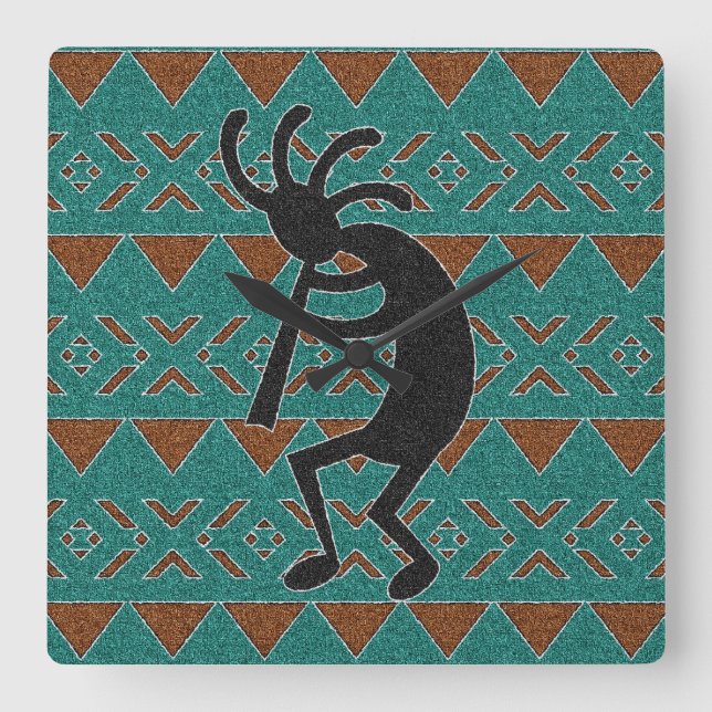 Horloge Carrée Turquoise Tribal Design Kokopelli (Recto)