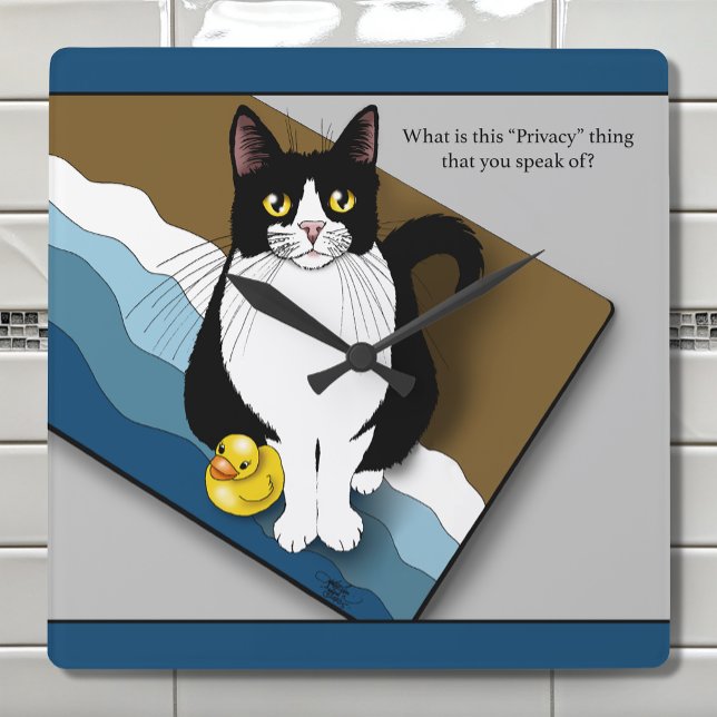 Horloge Carrée Tuxedo Cat Funny Bathroom Privacy Blue (Créateur téléchargé)