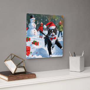 Horloge Carrée Tuxedo Chat coule en neige avec Casquette de Noël