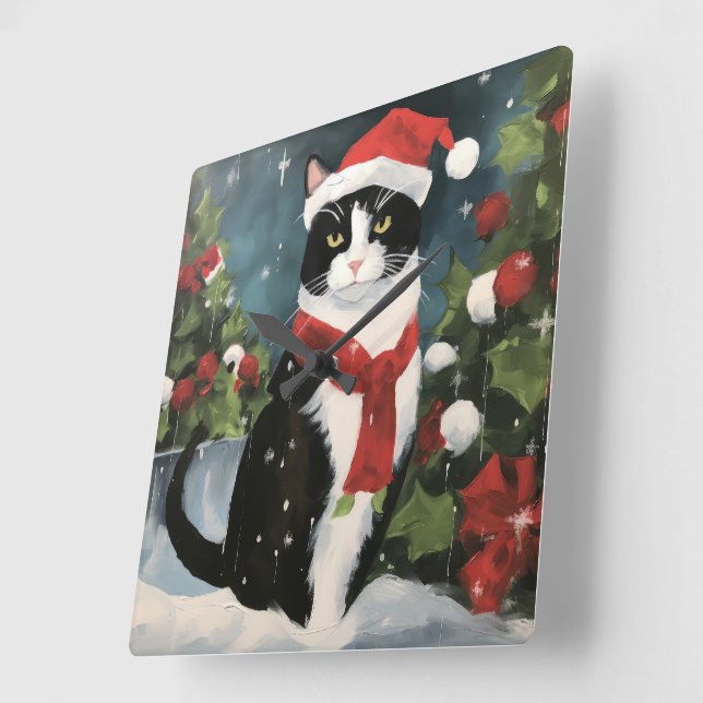 Horloge Carrée Tuxedo Chat en Noël de neige (Angle)