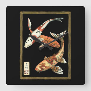 Horloge Carrée Two Japanese Koi Goldfish on Black Background