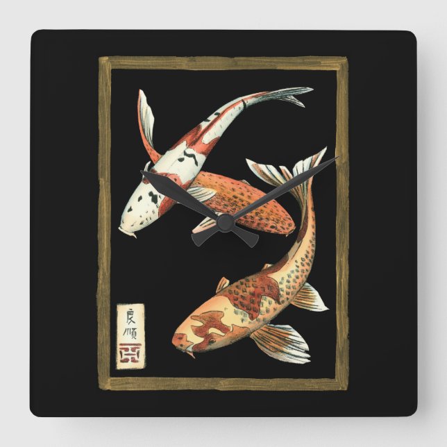 Horloge Carrée Two Japanese Koi Goldfish on Black Background (Recto)