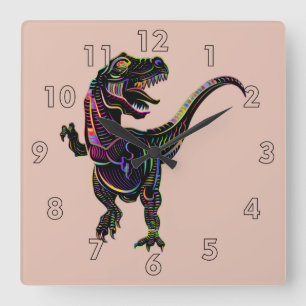 Horloge Carrée Tyrannosaurus Rex Dinosaur de couleur néon