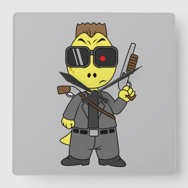 Horloge Carrée Tyrannosaurus Rex Habillé Comme Terminator. (Recto)