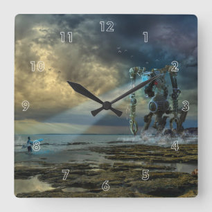 Horloge Carrée Un Alien visite la Terre rencontre un surfeur