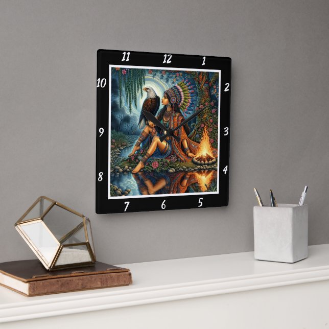 Horloge Carrée Un aperçu des autochtones : La lueur de l'aigle de (Bureau)