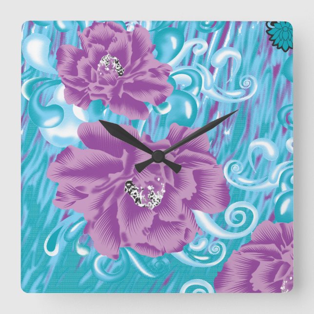 Horloge Carrée Un design textile dynamique avec violet et turq (Recto)