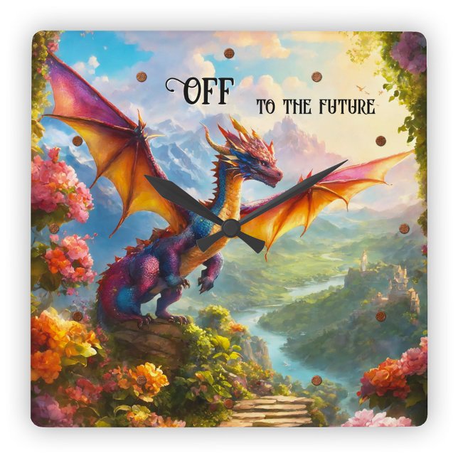 Horloge Carrée Un dragon d'Imaginaire coloré pour l'avenir (Wall clock featuring a colorful painting of a dragon in a landscape scene with flowers and mountains)