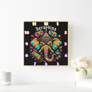 Horloge Carrée Un éléphant coloré au décor de bonbons