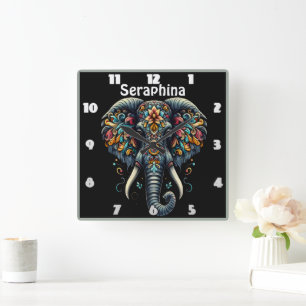 Horloge Carrée Un éléphant coloré orné de motifs complexes