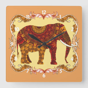 Horloge Carrée Un éléphant indien à motif orné et chanceux