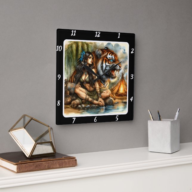 Horloge Carrée Un voyage amérindien : le coeur caché du tigre (Bureau)