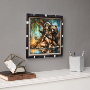 Horloge Carrée Une Américaine Autochtone Porte Par Un Feu De Camp