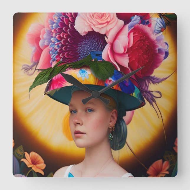 Horloge Carrée Une dame avec un casquette solaire à fleurs (Recto)