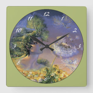 Horloge Carrée Une femme plante souffle sur Dandelion