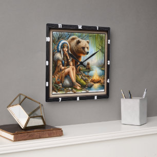 Horloge Carrée Une Indienne Autochtone Porte intemporelle