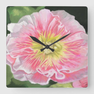 Horloge Carrée Une rose tendre et une rose trémière crème_0165