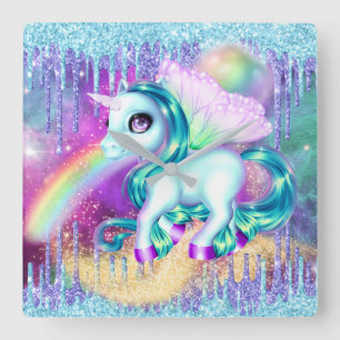 Horloge Carrée Unicorn fairy winter glitter rainbow ice square
