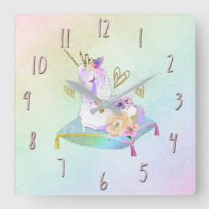 Horloge Carrée Unicorn Princess Diva Iridescente Rainbow Pastel